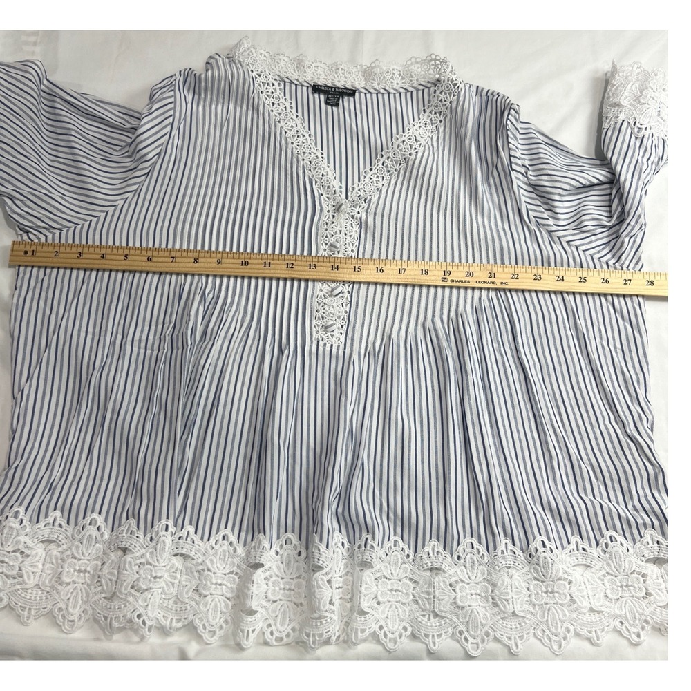 Chelsea & Theodore Blouse Women 3X Blue Striped Lace Trim Boho Peplum Top F10 - Picture 6 of 12